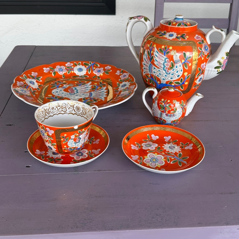 White Bird 6ps Tea Set Hand Made by C Medvedev 1972